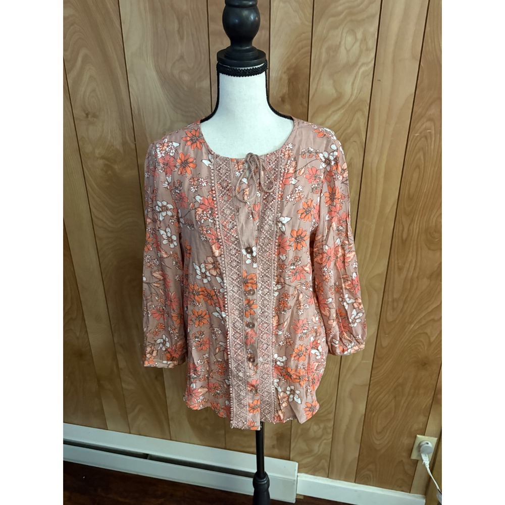 Como Vintage Floral Lace Trim Boho Blouse Orange Mauve M2U087TSC Small